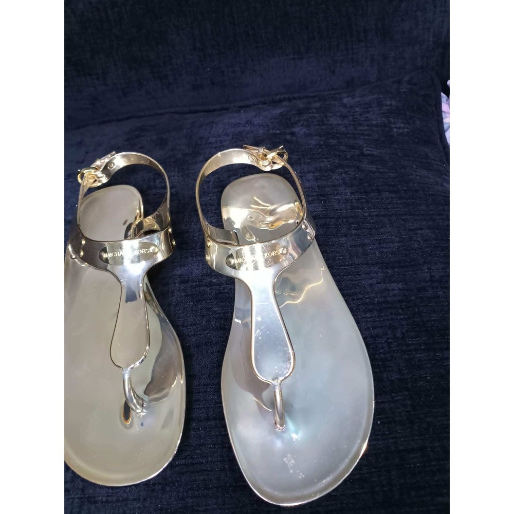 Michael Kors Plate Jelly Sandals Gold Metallic Thong Flat Ankle Strap Womens 7